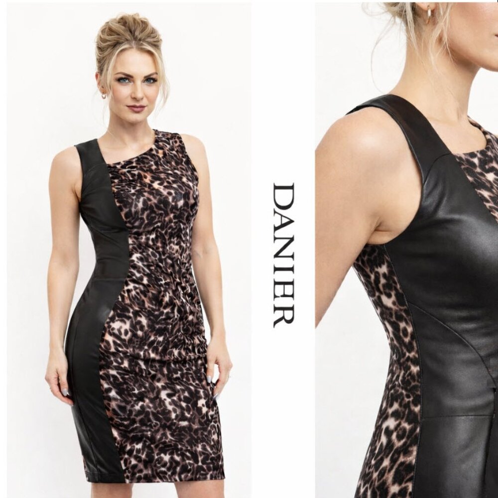 Danier Leopard Leather Dress Bodycon Fitted Size 4 mobwife